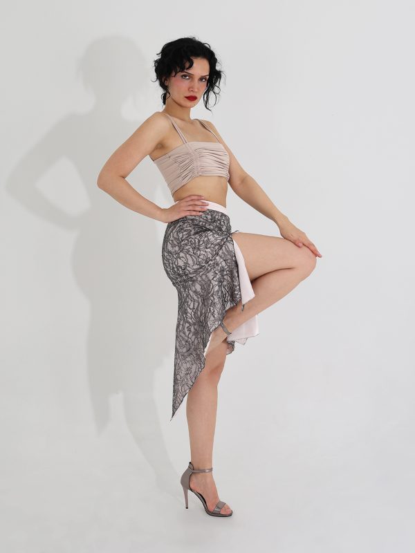 Noira Gümüş Dantel Detaylı Asimetrik Tango Eteği